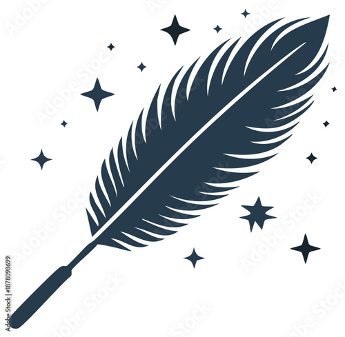 Elegant Feather Quill with Sparkling Stars Symbolic Writing Tool Creative Concept