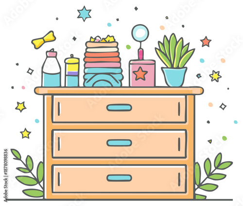 Colorful Doodle Home Dresser with Laundry Stack Cleaning Supplies and Potted Plant