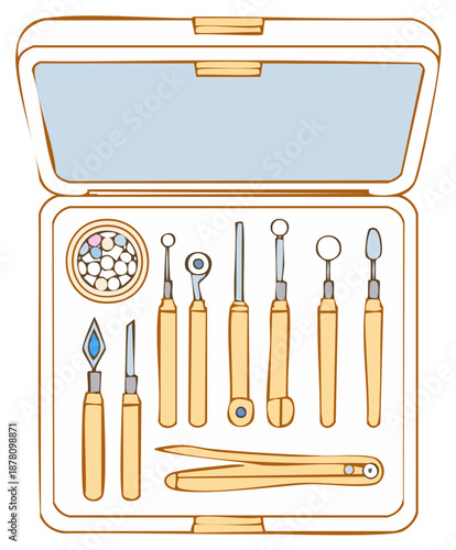 Open case with a set of tools for manicure sculpting and creative hobbies