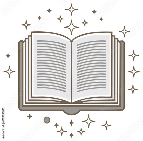 Whimsical open book surrounded by shimmering stars representing education magic and stories