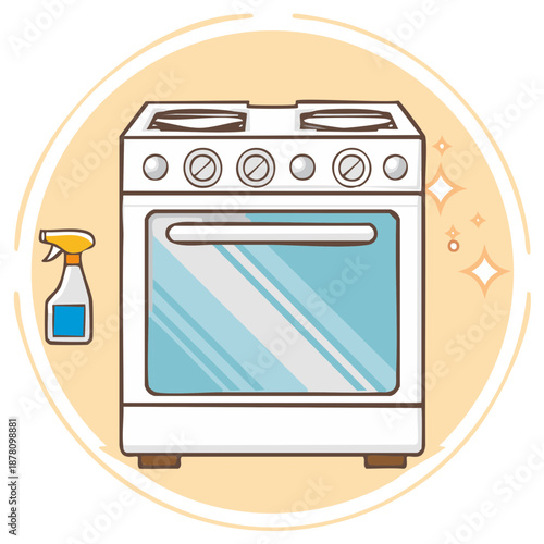 Shiny Domestic Kitchen Range Oven and Cooktop with Cleaning Spray Bottle and Sparkles