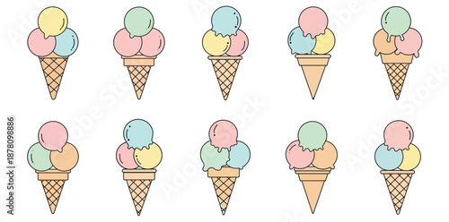 PrintA delightful and vibrant vector illustration presenting a collection of ten colorful ice cream cones, each featuring three perfectly scooped, pastel-hued ice cream balls nestled atop a classic 