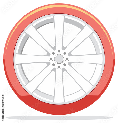 Modern sport car wheel with a custom red tire and multi-spoke silver alloy rim illustration