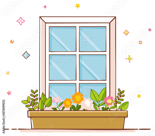 Cute cartoon illustration of a window with a colorful flower box on the sill with blooming flowers.