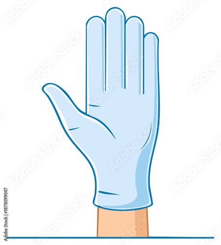 Stylized human hand wearing a light blue protective glove raised in a clear stop or warning gesture