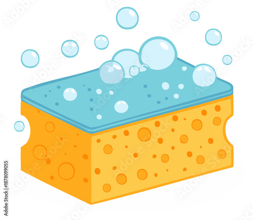 Cartoon kitchen cleaning sponge with soap bubbles and lather vector illustration