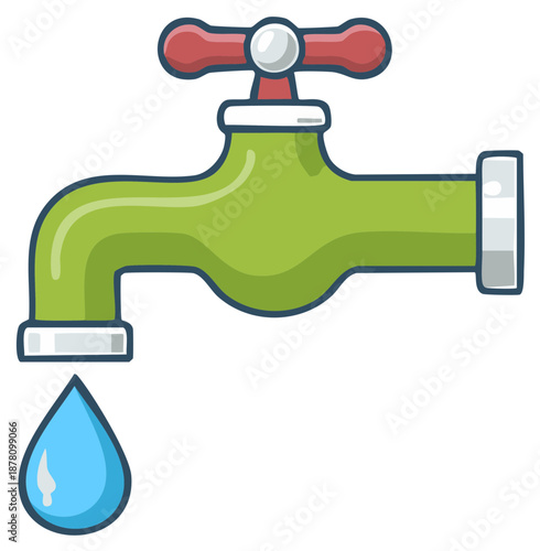 Cartoon-style Green Faucet with Red Handle Drips a Blue Water Drop Illustration