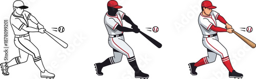 A baseball player in a dynamic hitting pose, shown in three styles, striking a fast-moving ball