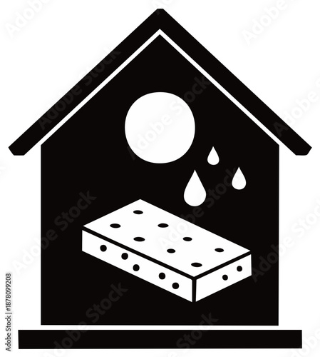 House icon with water droplets falling on absorbent sponge block for moisture control.