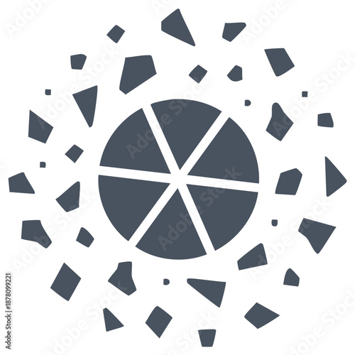 Dark Grey Geometric Circle Divided into Segments Exploding into Irregular Fragments Abstract Design