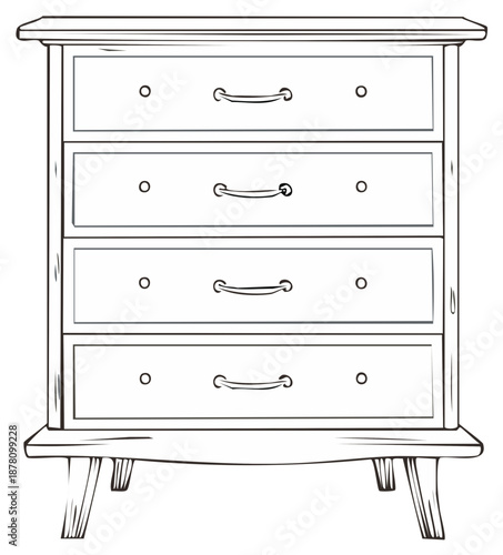 Classic Four-Drawer Dresser Line Art Illustration Vector. Traditional Bedroom Furniture Outline Design