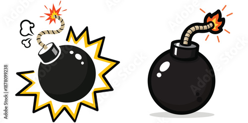 PrintA dynamic vector illustration showcasing two distinct cartoon-style bombs, each featuring a classic black spherical body with a burning fuse, one actively exploding with a vibrant yellow starburs