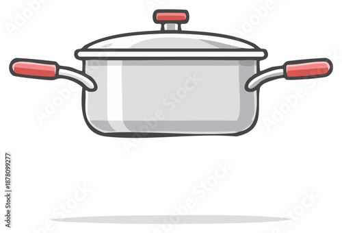 Cartoon illustration of a cooking pot with lid and red handles