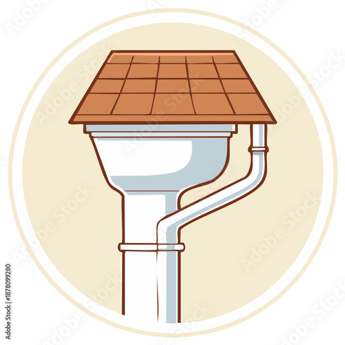 Illustration of a residential house gutter system collecting rainwater from a roof