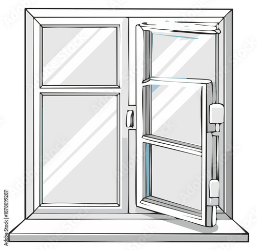 Open Window Frame, Double Hung Sash, Sketch of Interior Architecture, View Out