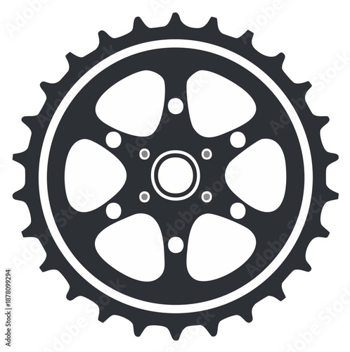 Dark gray bicycle sprocket icon with teeth, mechanical gear part illustration
