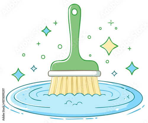 Adorable green cleaning brush bristles gently dip into sparkling blue water with refreshing bubbles.