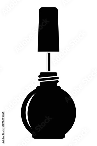 Minimalist silhouette icon depicting an open bottle of deep black nail polish with its applicator brush raised, ready for cosmetic application.