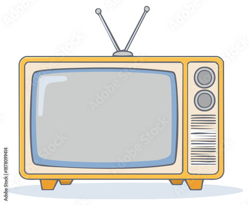 Illustration of vintage style television with antenna. Retro, old-fashioned screen display.