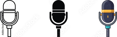 Set of microphone icons in various styles: outline, solid, and flat design for audio and broadcasting