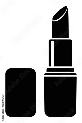 Sleek black and white vector graphic illustrating an open tube of classic cosmetic lipstick with its matching cap resting beside the base.