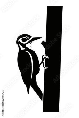 Striking black and white silhouette illustration depicts a detailed woodpecker clinging vertically to a rough tree trunk while foraging for insects.