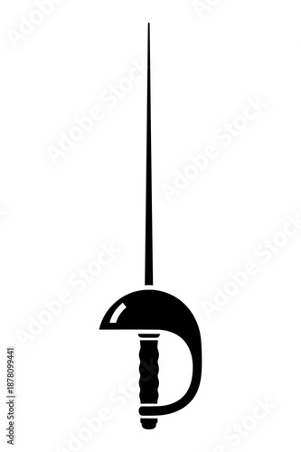 Sleek, black silhouette icon representing a classical fencing épée sword featuring a narrow, pointed blade and a protective bell guard handle.