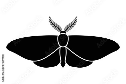 Striking black and white silhouette illustration of a large, beautiful moth featuring prominent, feathery antennae and wide wingspan.