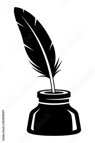 Classic black and white vector graphic depicting an antique quill pen standing upright within a traditional inkwell ready for writing correspondence.