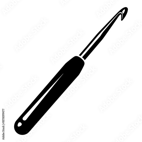 Detailed black and white illustration of a single crochet hook with a smoothly contoured handle, essential tool for yarn crafts.