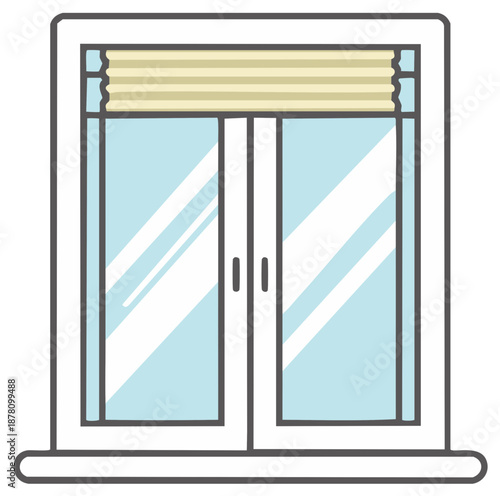 Illustrated double window with a light yellow blind covering the top portion of the glass panes