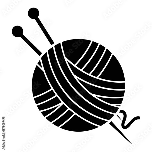 Simple black silhouette icon representing a tightly wound ball of yarn with two knitting needles crossing through the center for craft purposes.