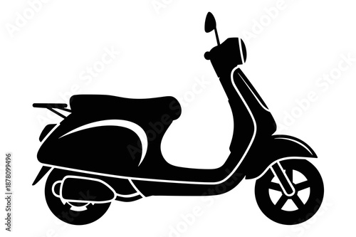 Classic black and white silhouette vector illustration depicts a vintage style Italian motor scooter ideal for urban commuting and city transportation needs.
