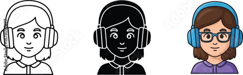 Diverse illustration set of a person with headphones, featuring outline, silhouette, and colored styles