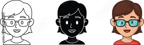 Diverse vector illustrations of a smiling person wearing glasses in outline, silhouette, and colored styles
