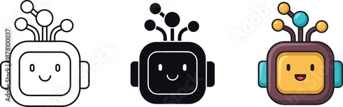 Cute friendly robot head icon in three different styles demonstrating versatility for digital design
