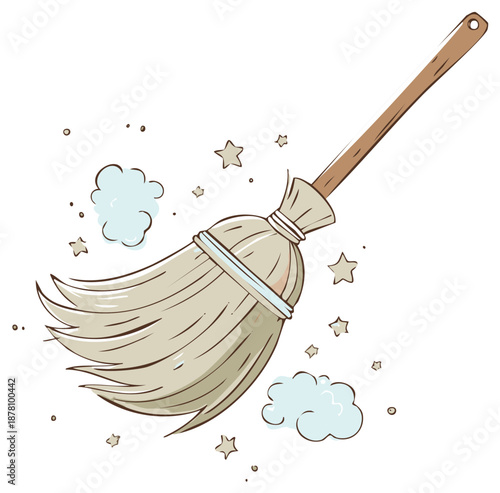 Illustration of Broom Sweeping with Clouds of Dust and Stars Isolated on White