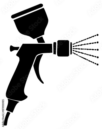 Paint sprayer gun spraying liquid, black silhouette icon vector illustration