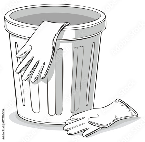 Gloves and Trash Can Illustration