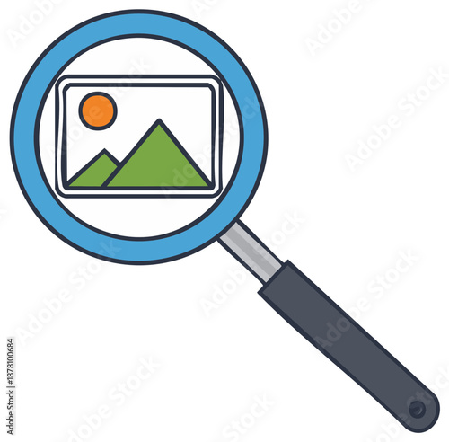 Magnifying glass icon focused on a landscape image representing photo search and discovery