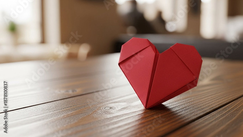 Paper heart resting on wooden table, cinematic shallow focus.