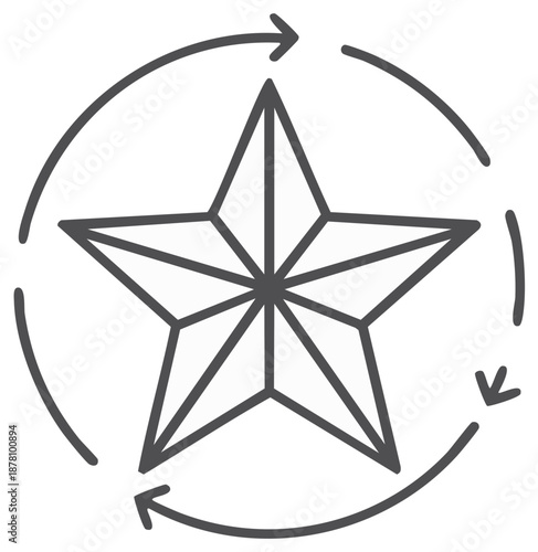 Outline star icon surrounded by circular arrows representing rotation process or continuous cycle