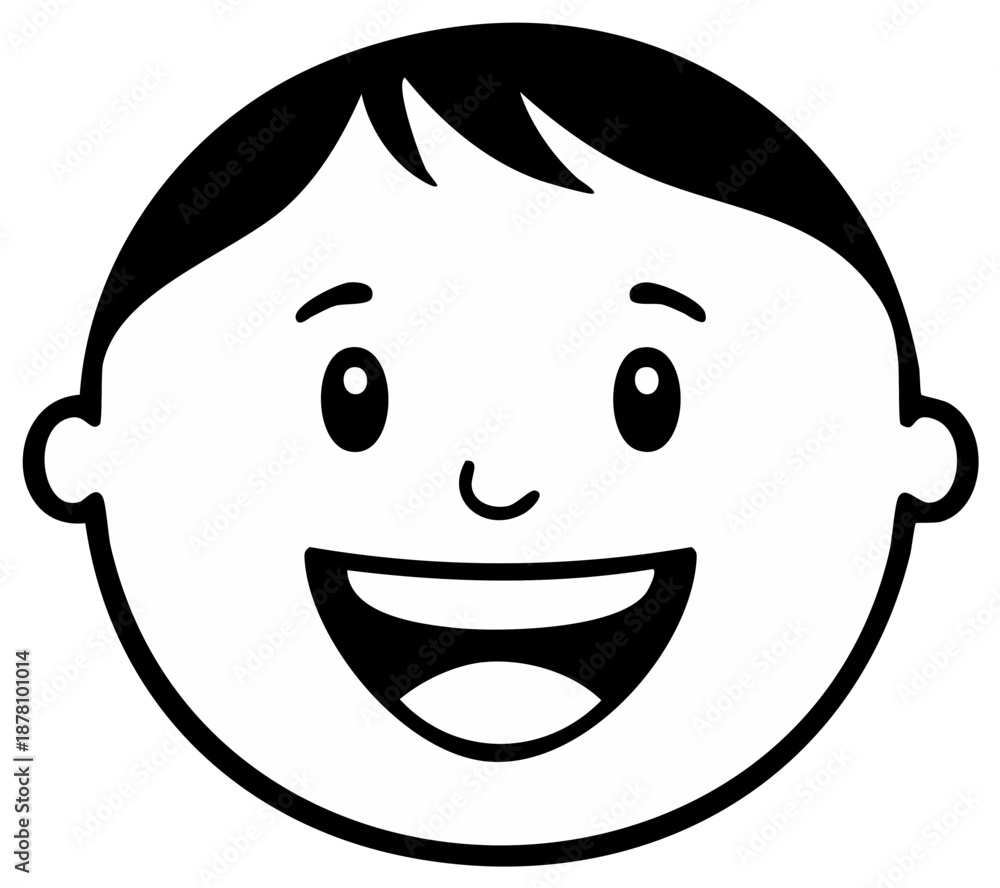 Fototapeta premium Smiling Boy Face Illustration Simple Black and White Cartoon Happy Cheerful Child Portrait Positive Expression