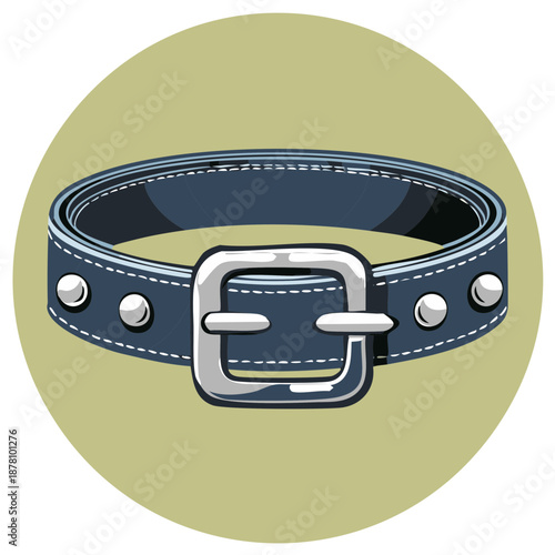 Blue studded pet collar with a shiny metal buckle, vector cartoon illustration icon.