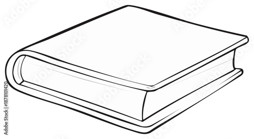 Simple black and white line art illustration of a closed hardcover book with a blank cover