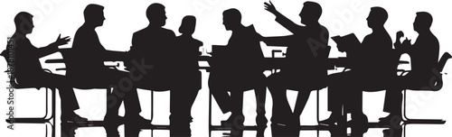 Silhouetted business team discussion in modern office setting with dramatic lighting on white background for corporate use