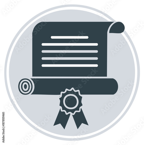 Rolled parchment scroll with seal of authenticity and ribbons in a gray circular frame conveys diploma reward