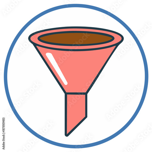 Pink funnel icon with brown substance filtering or processing within a blue circular frame