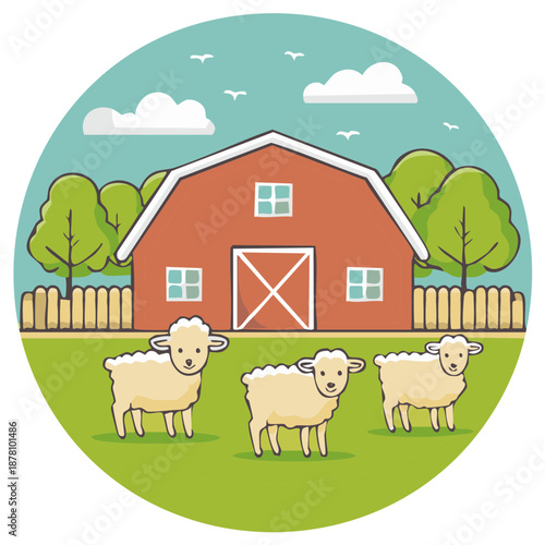 Cute cartoon sheep in a field in front of a classic red barn on a sunny day at the farm.