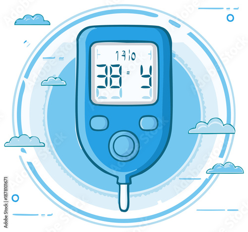 Blood Sugar Monitor Illustration: Diabetes Management, Healthcare Technology.  Health Monitoring Device in a Digital Modern Style.